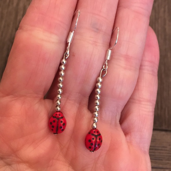 Sterling Silver Bead Earrings with Ladybug - Picture 11 of 14